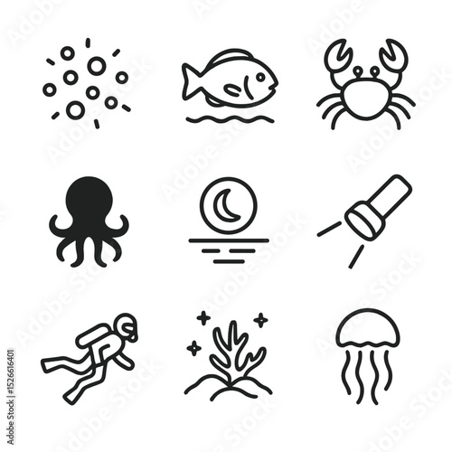 Reef Nightlife Icons. Outline icon set of reef night life: bioluminescent plankton, nocturnal fish, crab, octopus silhouette,