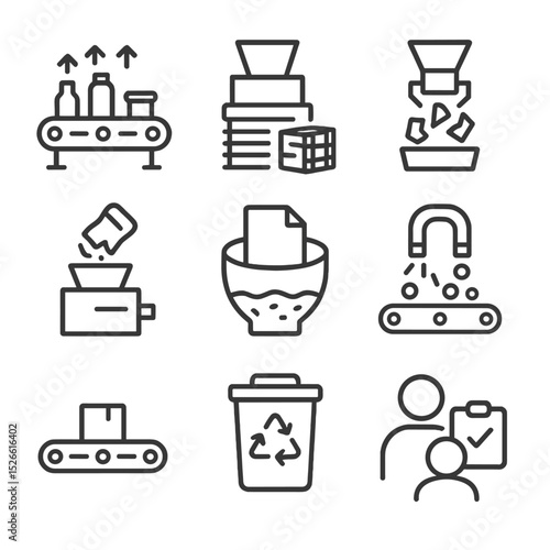 Recycling Process Icons. Outline icon set of recycling processes: sorting conveyor, baler machine, glass crusher, plastic shredder