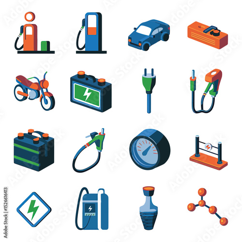 vector icons to vehicle fueling and charging a gasoline pump, an electric vehicle plug hydrogen mole