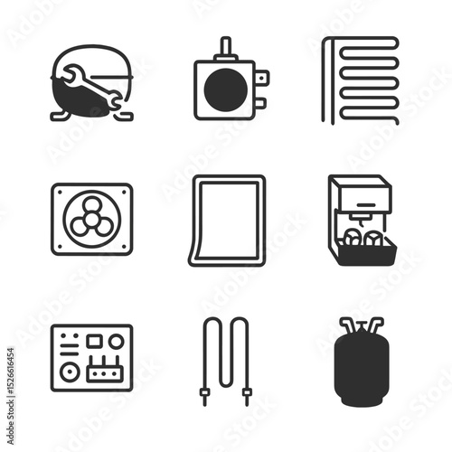 Refrigerator Repair Icons. Outline icon set of refrigerator repair: compressor, thermostat, condenser coils, evaporator fan, door