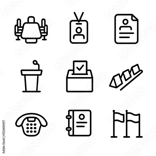 Regional Border Icons. Outline icon set of regional border commissions: conference table, delegate badge, meeting agenda, mic