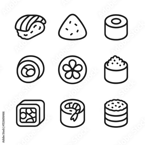 Regional Sushi Icons. Outline icon set of regional sushi specialties: unagi roll, inari sushi, tekka maki, kampyo maki, sakura