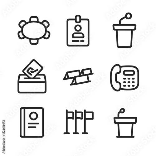Regional Border Icons. Outline icon set of regional border commissions: conference table, delegate badge, meeting agenda, mic