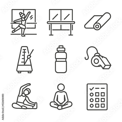 Rehearsal Icon Set. Outline icon set of rehearsal and practice sessions: dance studio, barre mirror, practice mat, metronome,