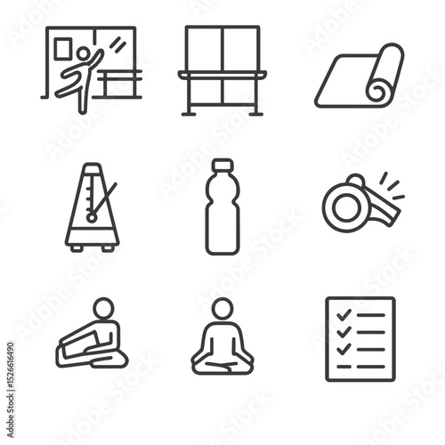 Rehearsal Icon Set. Outline icon set of rehearsal and practice sessions: dance studio, barre mirror, practice mat, metronome,