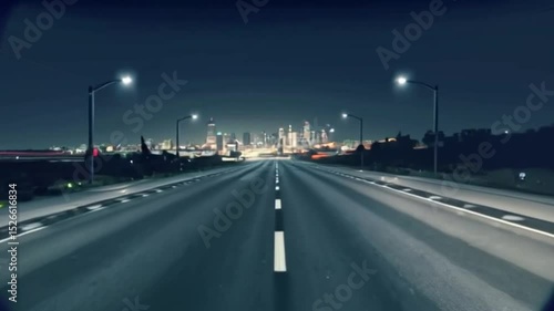 Driving Towards City Lights: Night Road and Urban Skyline.