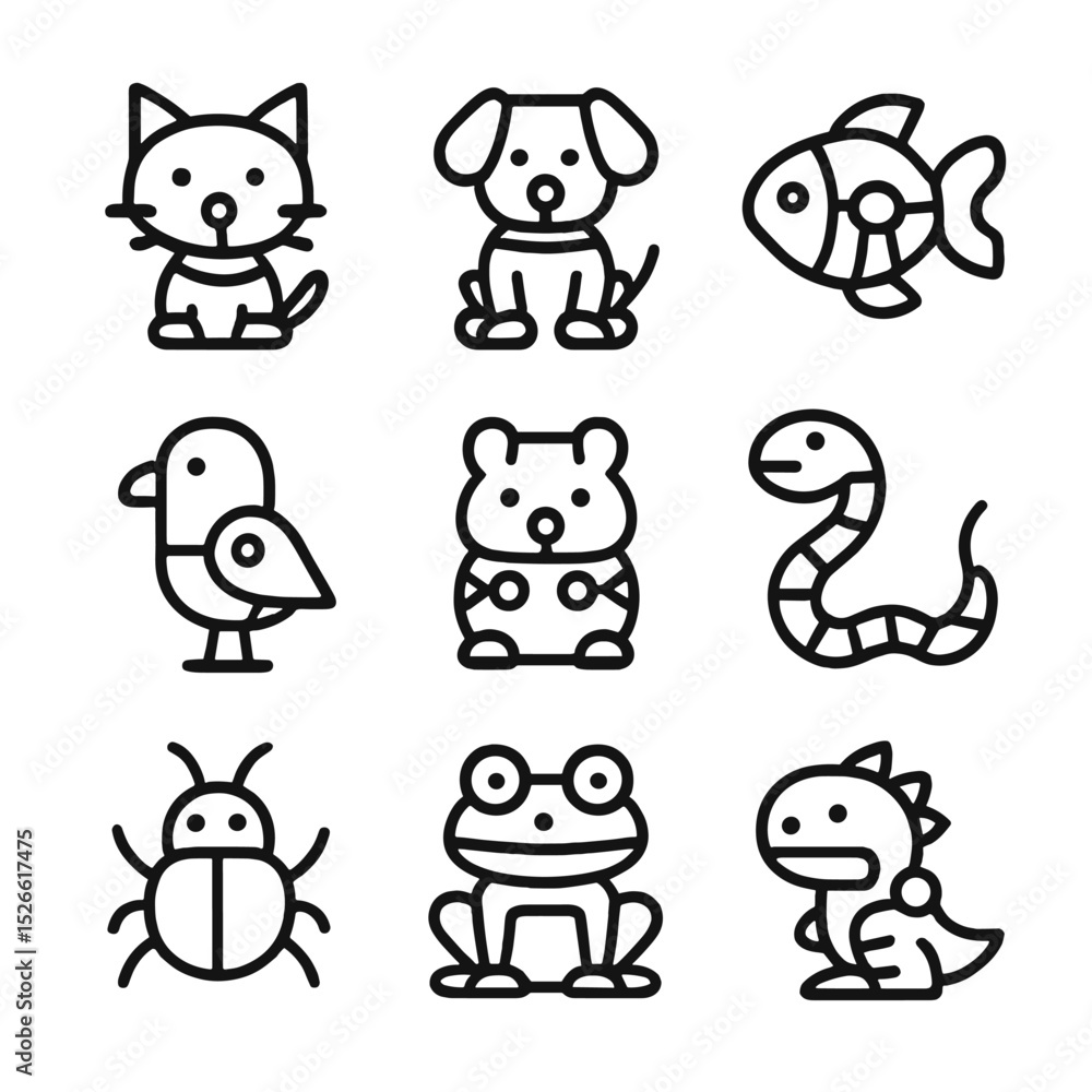 Fototapeta premium Robot Pet Icons. Outline icon set of robot pets: cat robot, dog robot, fish robot, bird robot, hamster robot, snake robot, insect