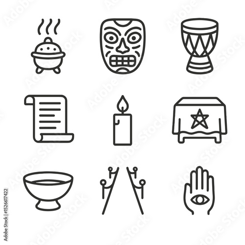 Ritual Symbols Icon Set. Outline icon set of ritual performance art: incense burner, ceremonial mask, ritual drum, chant scroll,