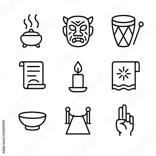 Ritual Symbols Icon Set. Outline icon set of ritual performance art: incense burner, ceremonial mask, ritual drum, chant scroll,