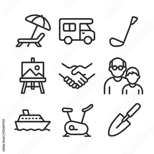 Retirement Icons Grid. Outline icon set of retirement lifestyle choices: beach lounger, RV camper, golf club, art easel, volunteer