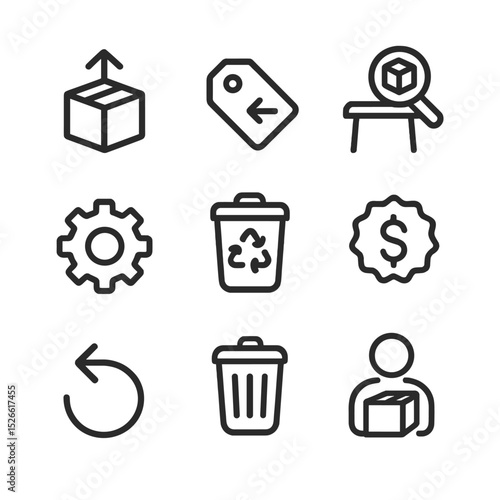 Reverse Logistics Icons. Outline icon set of reverse logistics flowchart: return box, return label, inspection table, refurbish