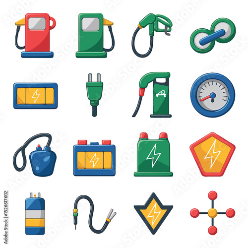 vector icons to vehicle fueling and charging a gasoline pump, an electric vehicle plug hydrogen mole