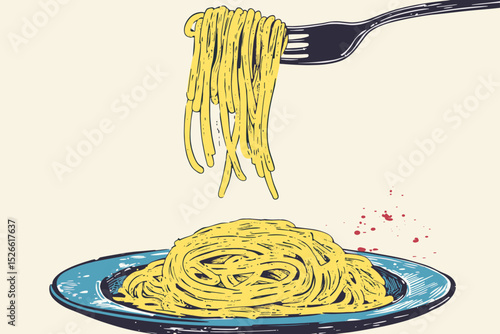 Fork Lifting Spaghetti in Retro Style