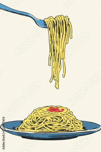 Fork Lifting Spaghetti in Retro Style