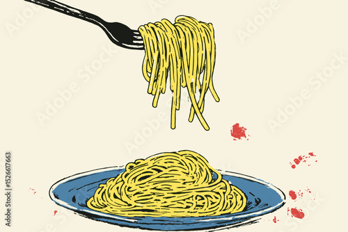 Fork Lifting Spaghetti in Retro Style