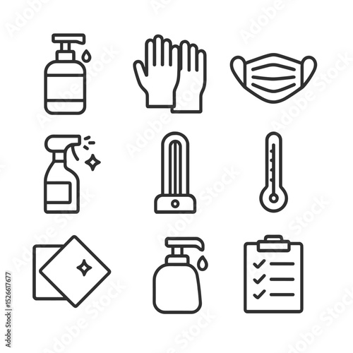Safety Hygiene Icons. Outline icon set of safety and hygiene measures: hand sanitizer pump, protective gloves, face mask,