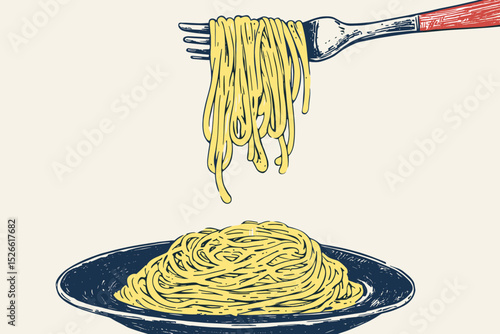Fork Lifting Spaghetti in Retro Style