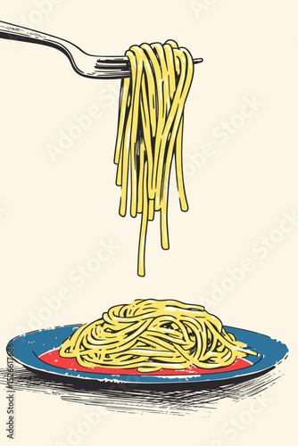 Fork Lifting Spaghetti in Retro Style