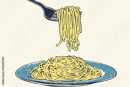 Fork Lifting Spaghetti in Retro Style