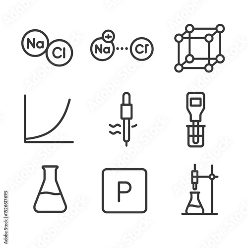 Salt Chemistry Icons. Outline icon set of salt in science and chemistry: NaCl molecule, ionic bond diagram, crystal unit cell,