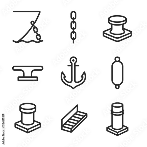 Seaside Dock Icon Set. Outline icon set of seaside docking process: boat bow, anchor chain, windlass, deck cleat, sand anchor,