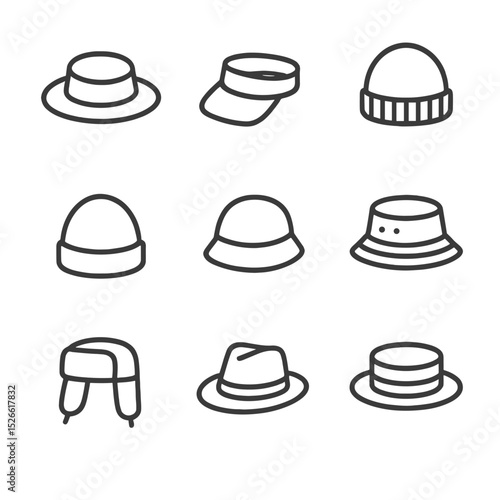 Seasonal Headwear Icons. Outline icon set of Seasonal headwear: lightweight straw hat, sun visor, knit skullcap, fleece beanie,