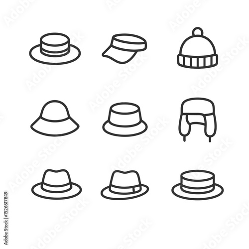 Seasonal Headwear Icons. Outline icon set of Seasonal headwear: lightweight straw hat, sun visor, knit skullcap, fleece beanie,