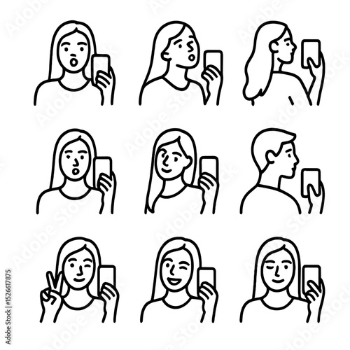 Selfie Pose Icons. Outline icon set of popular selfie poses: duck face, chin tilt, over-the-shoulder, mirror selfie, pout lips,