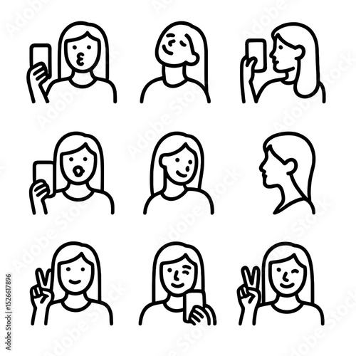 Selfie Pose Icons. Outline icon set of popular selfie poses: duck face, chin tilt, over-the-shoulder, mirror selfie, pout lips,