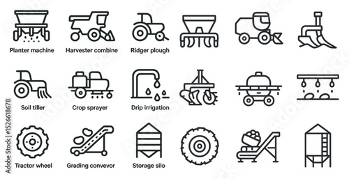 Agricultural equipment icons for farming design and planning projects