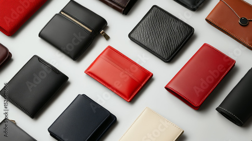 Stylish collection of colorful wallets and card holders. Perfect for showcasing luxury leather accessories and fashion.