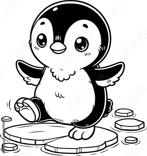 Cute cartoon penguin walking on ice floes