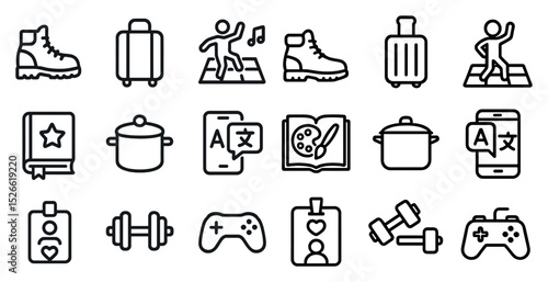 Variety of lifestyle icons featuring travel, fitness, and cooking themes