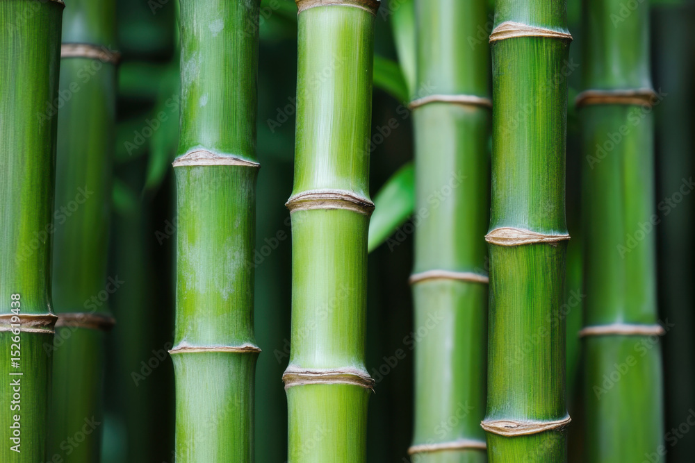 Fototapeta premium Tall green bamboo stalks stand together in a dense clump creating an interesting pattern with natural segments and a healthy looking grove.