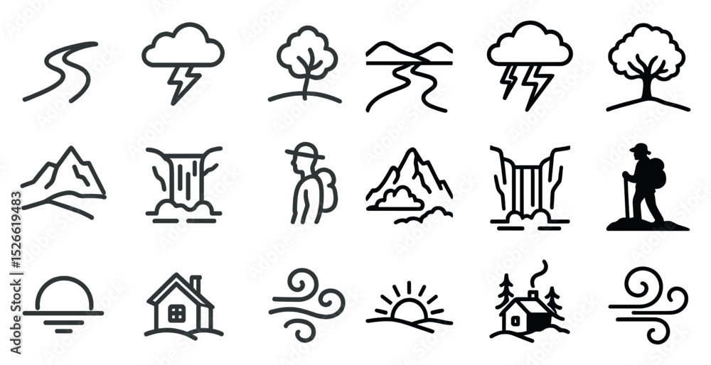 Fototapeta premium Nature adventure and weather icons for outdoor and travel design projects