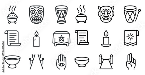 Ritual icon set featuring tribal masks, candles, and ceremonial objects