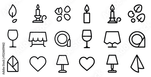 Minimalist icon set featuring candles, hearts, and tableware elements