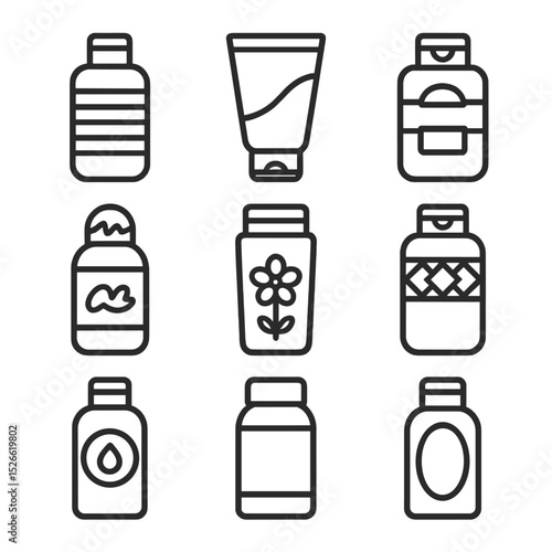 Shampoo Label Icons. Outline icon set of colorful shampoo label designs: rainbow stripe bottle, pastel ombré tube, bold graphic