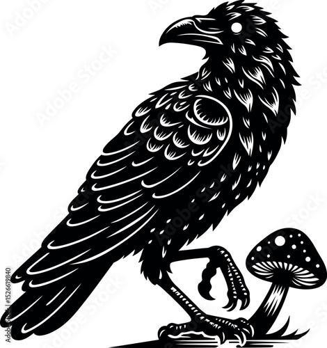 Raven Perched with a Mushroom