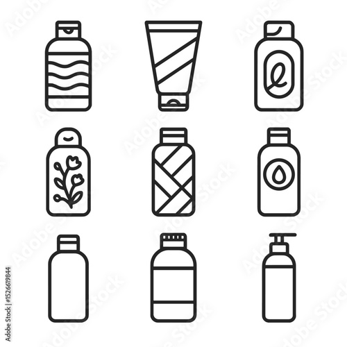 Shampoo Label Icons. Outline icon set of colorful shampoo label designs: rainbow stripe bottle, pastel ombré tube, bold graphic
