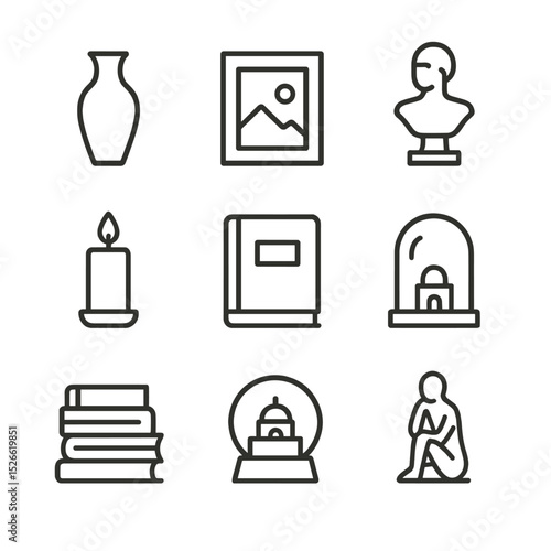 Shelf Decor Icons. Outline icon set of display and decor shelves: ceramic vase, framed print, small sculpture, candle pillar,