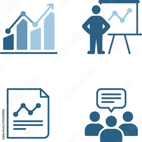 Corporate training icons. Performance growth, whiteboard strategy, workshop coach figure, and analytics graph pack  