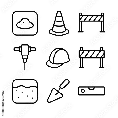Sidewalk Repair Icons. Outline icon set of sidewalk repair works: asphalt patch, traffic cone, caution tape, jackhammer, repair
