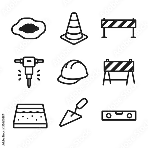 Sidewalk Repair Icons. Outline icon set of sidewalk repair works: asphalt patch, traffic cone, caution tape, jackhammer, repair