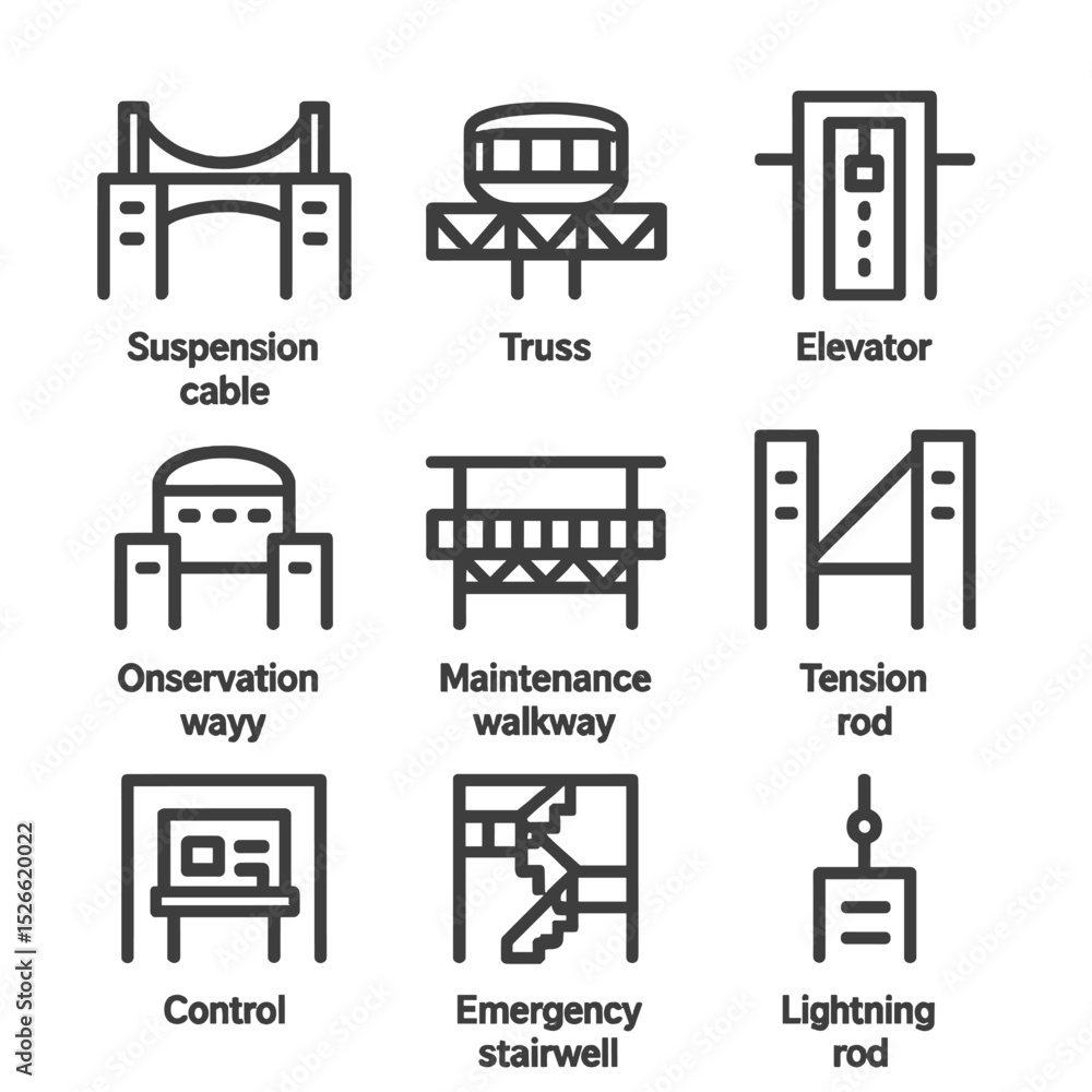 Skybridge Icon Set. Outline icon set of connecting towers skybridge: suspension cable, truss joint, elevator shaft, observation Skybridge Icon Set. Outline icon set of connecting towers skybridge: suspension cable, truss joint, elevator shaft, observation