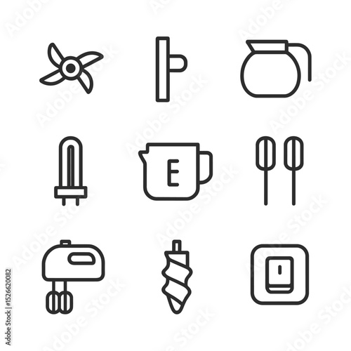 Small Appliance Repair Icons. Outline icon set of small appliance repair: blender blade, toaster lever, coffee maker carafe,
