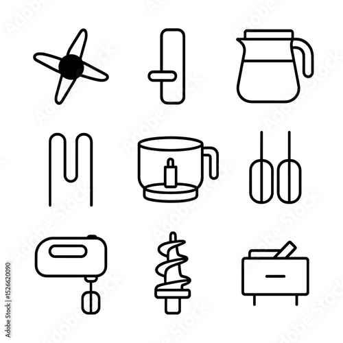 Small Appliance Repair Icons. Outline icon set of small appliance repair: blender blade, toaster lever, coffee maker carafe,