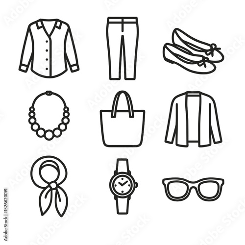 Smart Casual Icons. Outline icon set of smart casual women’s blouse outfits: blouse, tailored trousers, ballet flats, statement