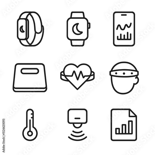 Sleep Tracker Icons. Outline icon set of sleep tracking devices: fitness tracker, smart watch, phone app graph, sleep pad, heart