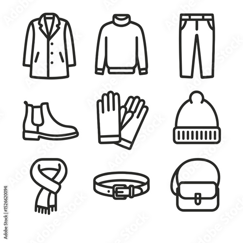 Smart Casual Winter Icons. Outline icon set of smart casual winter layers: wool coat, turtleneck sweater, wool trousers, Chelsea